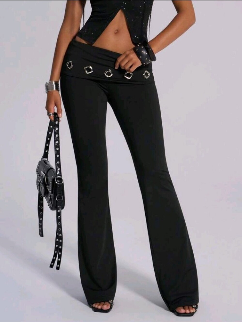 Women's Black Autumn Y2K 70's 90s Night Out Going Out Party Pants,Metal- Decor